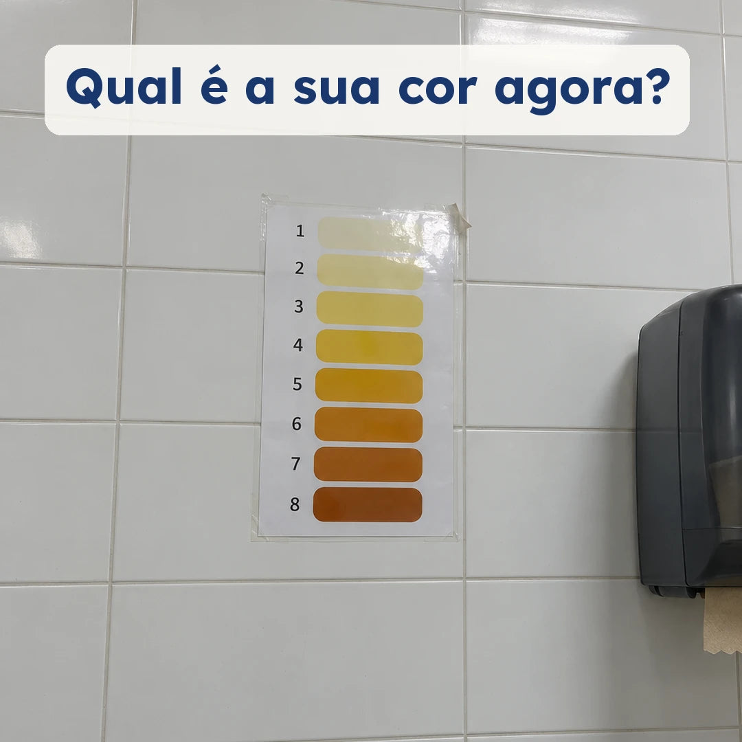 Escala de cor da urina de 1 a 8 colada na parede do banheiro